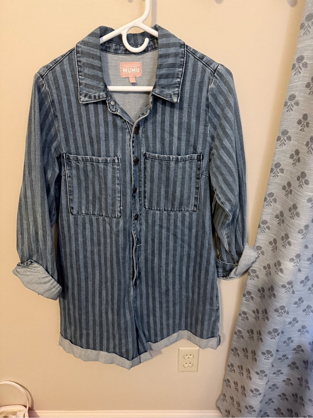 Show Me Your MuMu Blue Striped Denim Romper